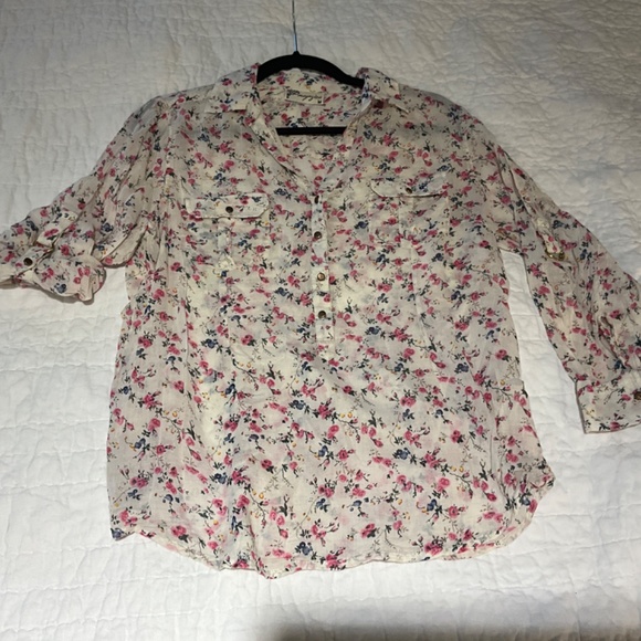 MAGAZINE lightweight cotton convertible long short sleeve floral blouse button M - Picture 8 of 15
